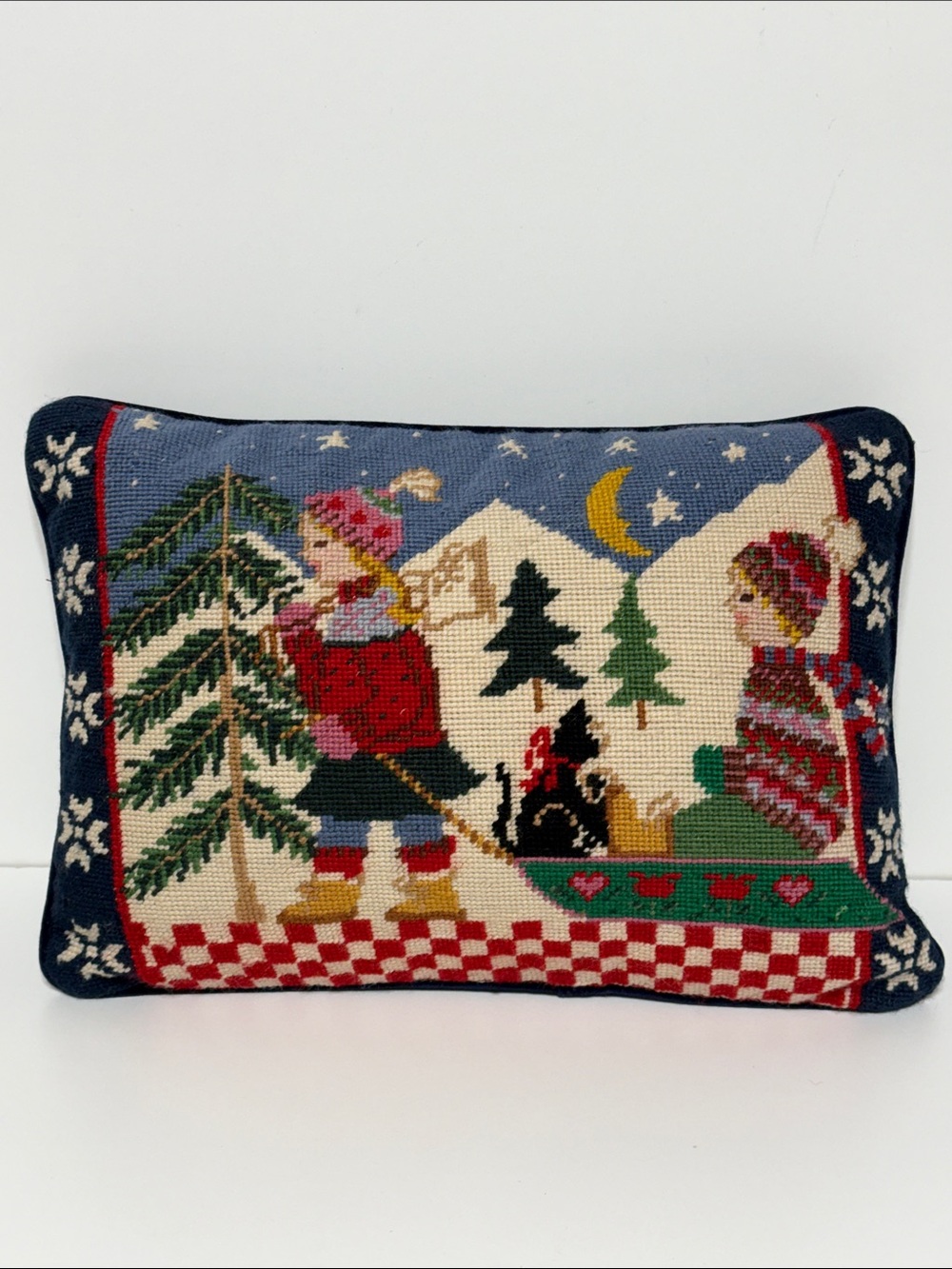 C&F Vintage Children playing in snow needlepoint wool throw pillow